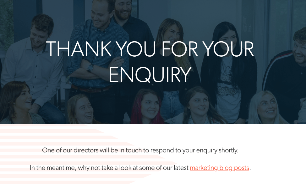 thank you page for seo agency the audit lab which says thank you for your enquiry and tells users to read blog posts